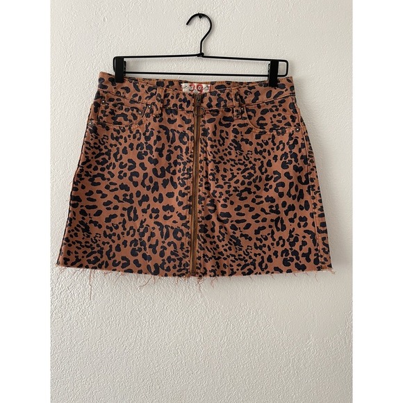 Free People Skirt Mini Zip It Up Denim Leopard Animal Print  Women Sz - Picture 4 of 8